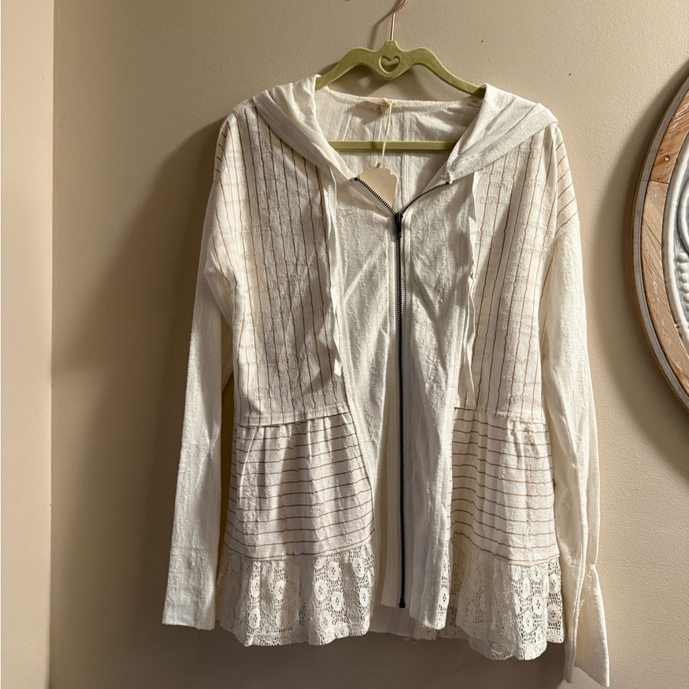Hem & Thread Cream Hooded Jacket with Lace Accents